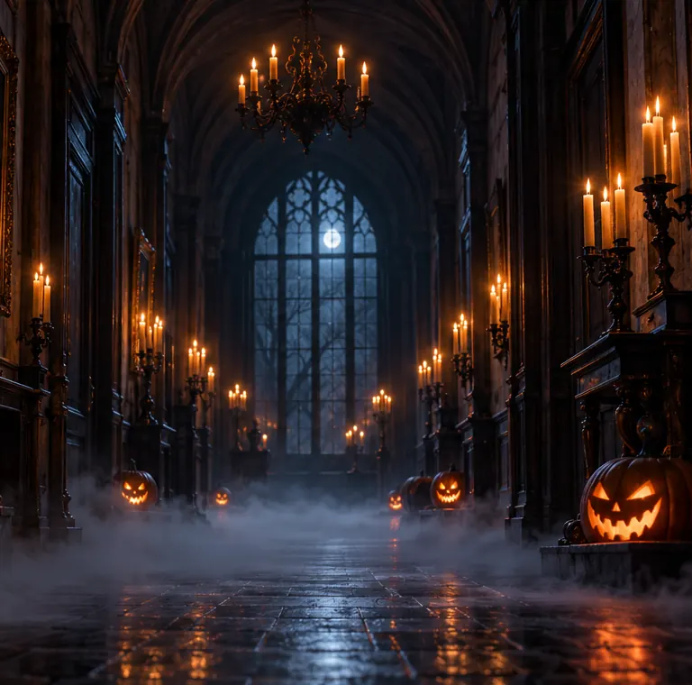 Candle-lit manor hall with jack-o'-lanterns and fog