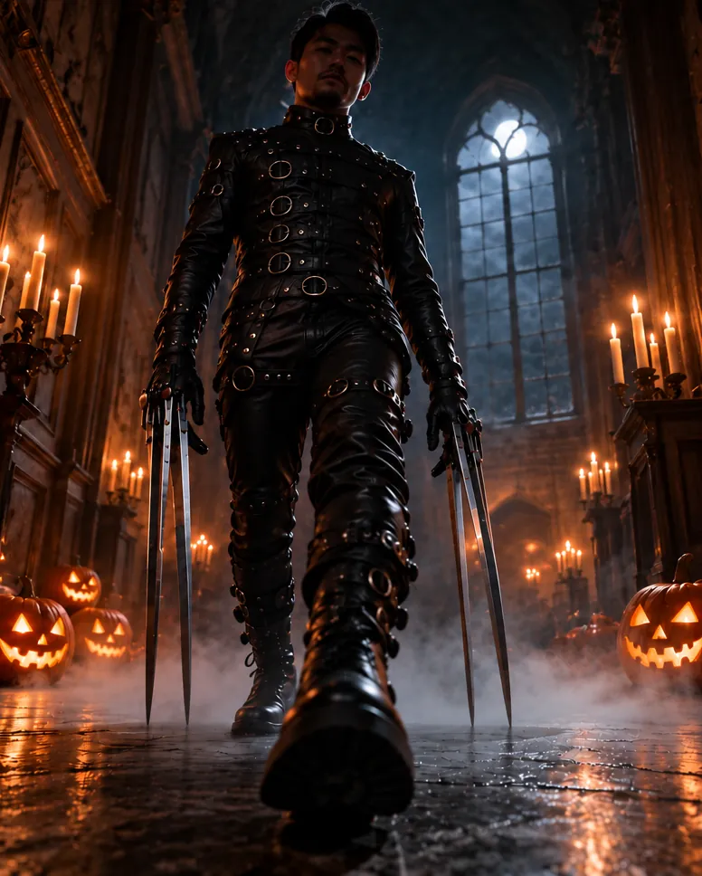 One person in black leather walking through a candle-lit manor, blades held down