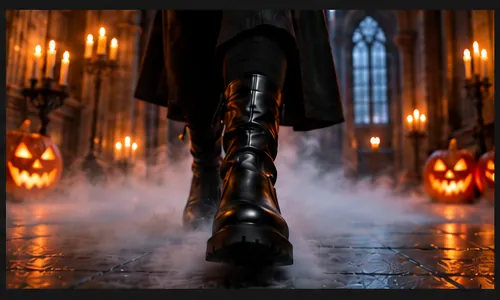 Boots walking through a candle-lit manor
