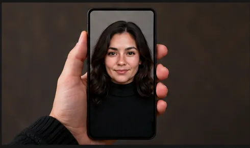 A front-facing photo held up to the camera