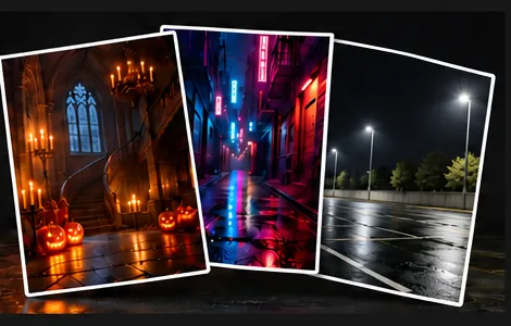 Haunted Manor, Neon Alley, and Night Parking Lot